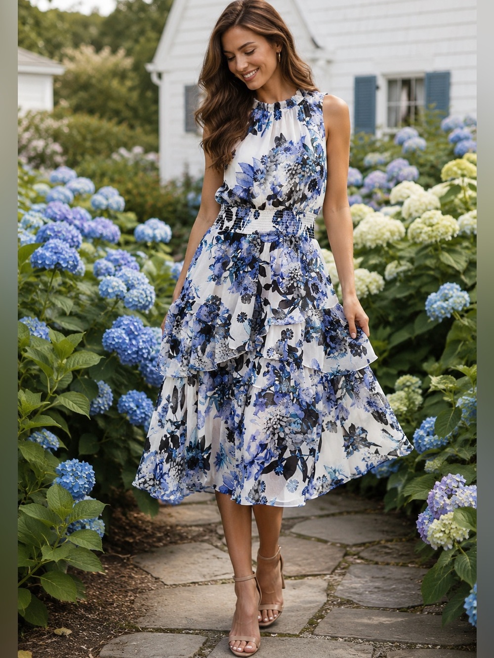 Elsa J Blue Floral Chiffon Tiered Ruffle Midi Dress Size 6 Wedding Guest